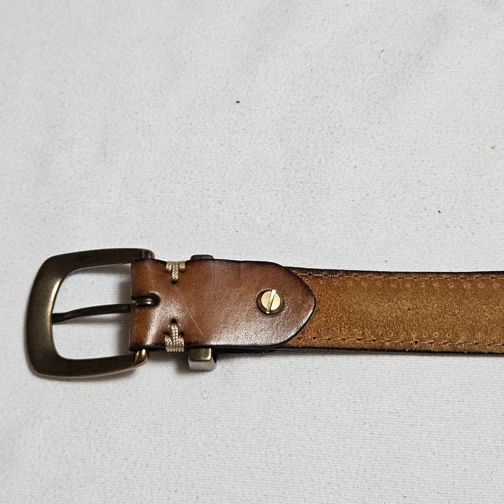 Men's Brown Genuine Leather Belt 46 XXL Contrast Stitch Antique Brass Buckle